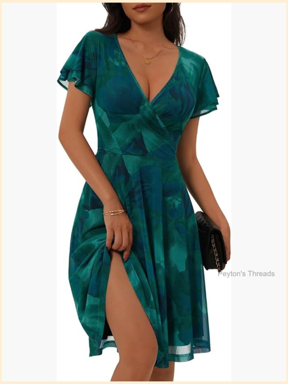 Wrap V-Neck Floral Elastic Mesh Knee-Length Dress